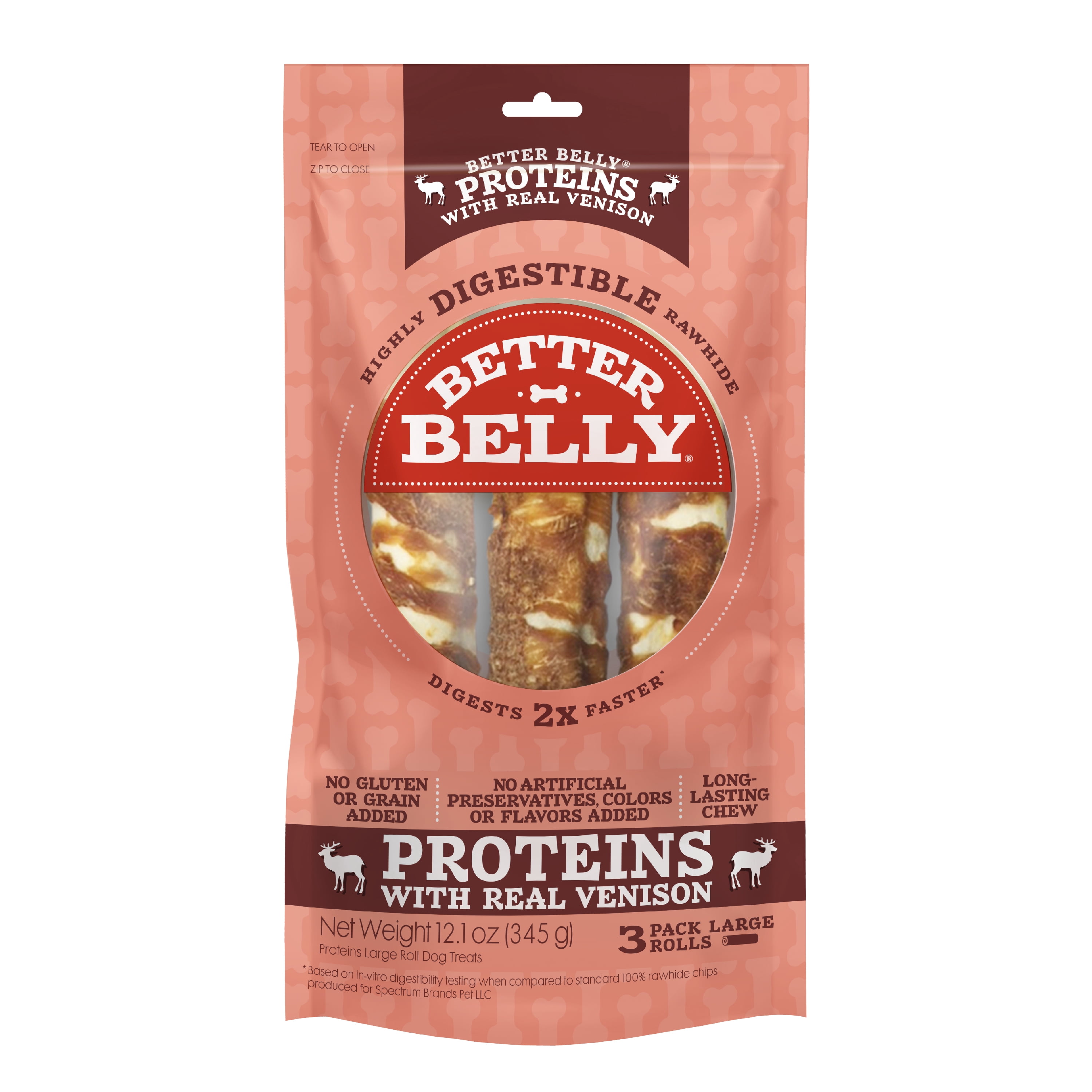 Better Belly Proteins with Real Venison Large Rolls, Highly Digestible Rawhide Chews, 3 Count
