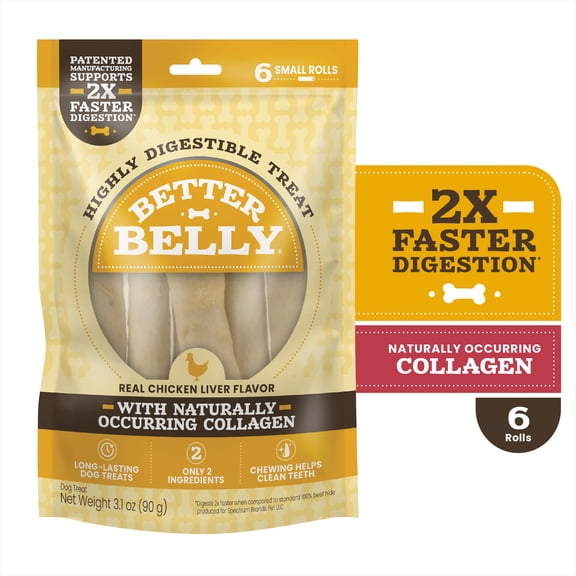 Better Belly Originals Real Chicken Liver Flavor Small Rolls Chew, Highly Digestible Dog Treat, 6 Count