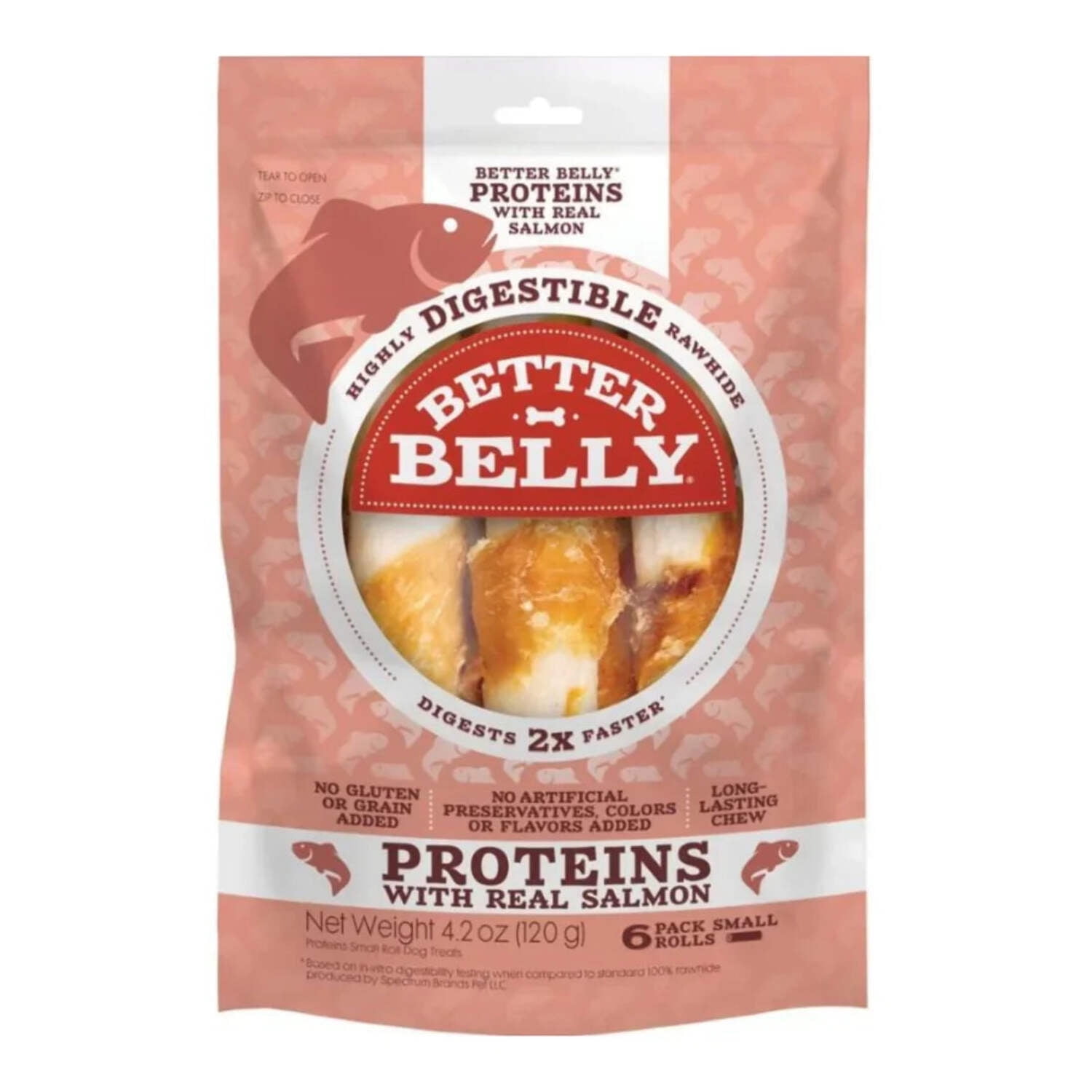 Better Belly Proteins with Real Salmon Small Rolls, Highly Digestible Rawhide Chews, 6 Count