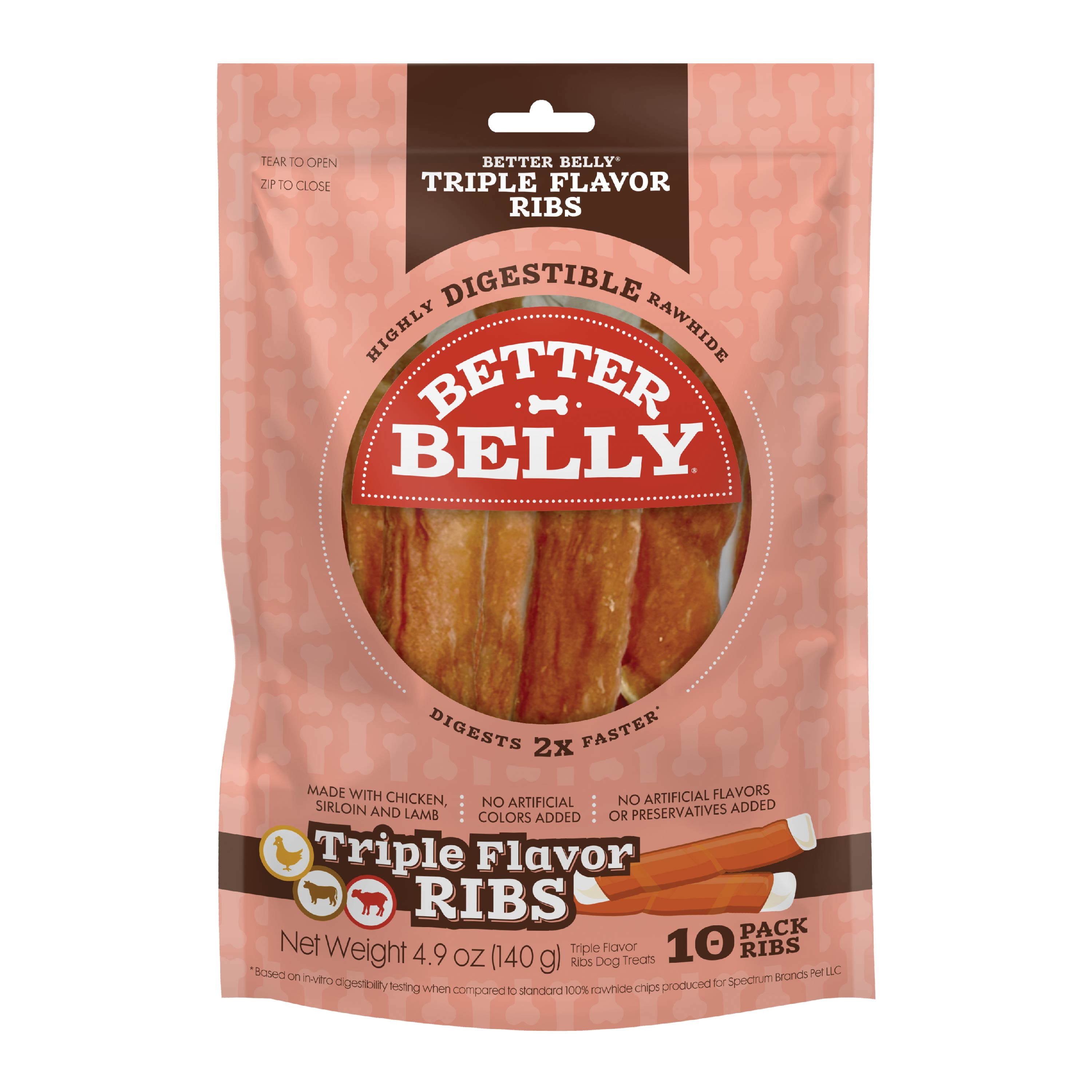 Better Belly Triple Flavor Ribs with Chicken, Sirloin & Lamb, Highly Digestible Dog Treat, 10 Count