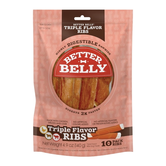 Better Belly Triple Flavor Ribs with Chicken Sirloin and Lamb, Highly Digestible Rawhide, 10 Count