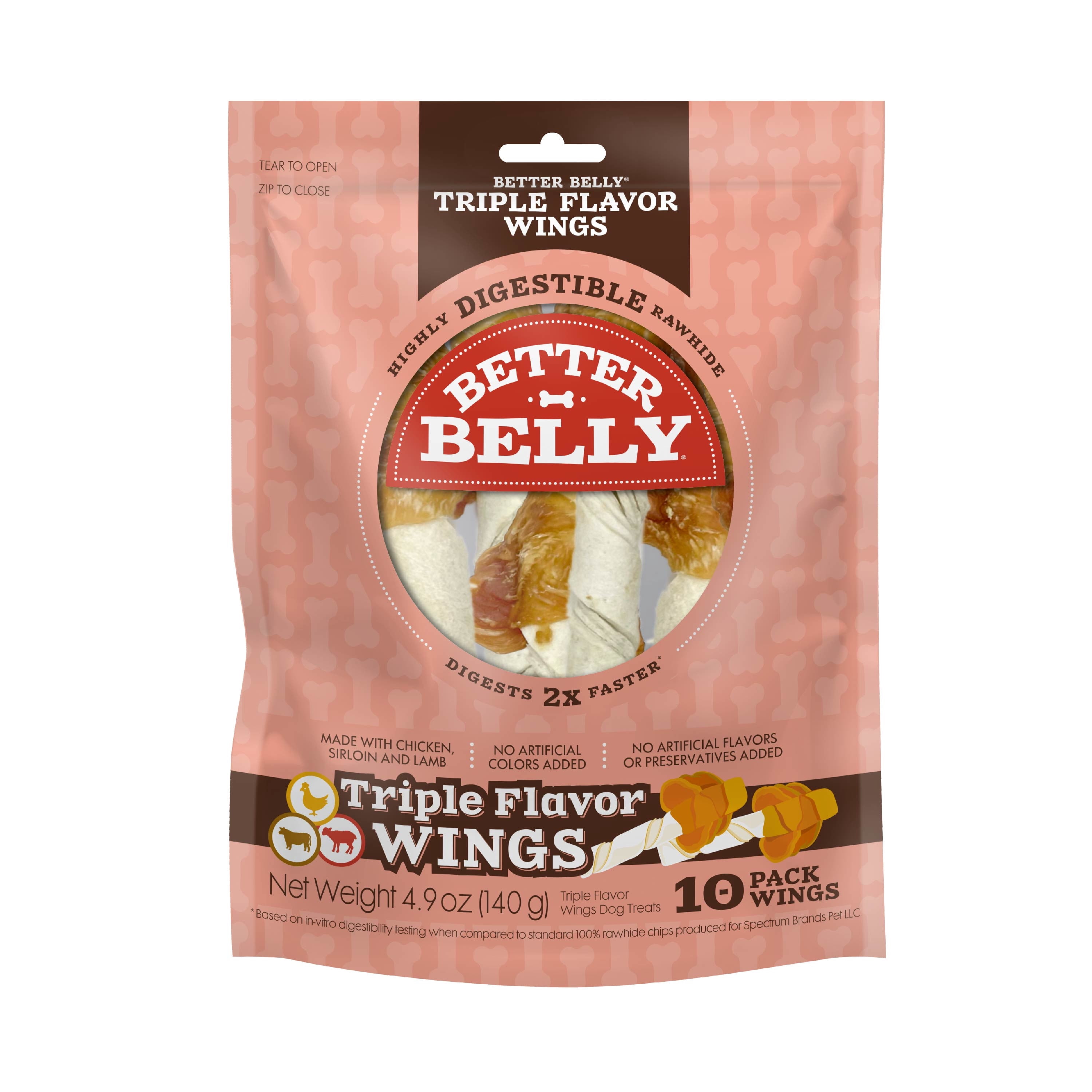 Better Belly Triple Flavor Wings with Chicken, Sirloin & Lamb, Highly Digestible Rawhide, 10 Count