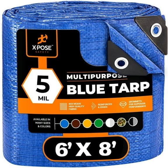 Better Blue Poly Tarp 6' x 8' - Multipurpose Protective Cover - Lightweight, Durable, Waterproof, Weather Proof - 5 Mil Thick Polyethylene - by Xpose Safety