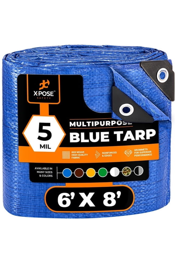 Better Blue Poly Tarp 6' x 8' - Multipurpose Protective Cover - Lightweight, Durable, Waterproof, Weather Proof - 5 Mil Thick Polyethylene - by Xpose Safety