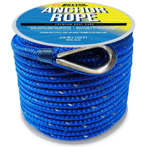 Better Boat 100 ft Double Braided Anchor Rope, 3/8 inch Royal Blue Nylon Boat Line with Handle