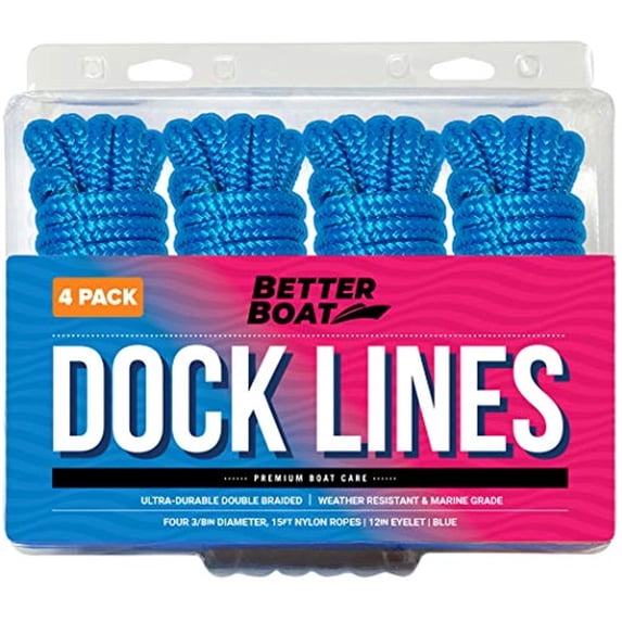 Better Boat 3/8" x 15' Double-Braid Dock Lines & Rope, Blue, 4 Count