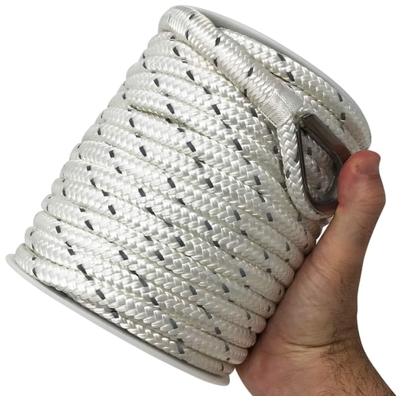 Better Boat Double Braided Nylon Anchor Rope, 3/8 in x 100 ft, White