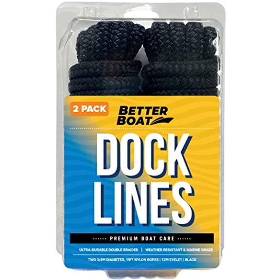 Better Boat Double Braided Nylon Dock Lines, 3/8 in x 15 ft, Black, 2-Pack