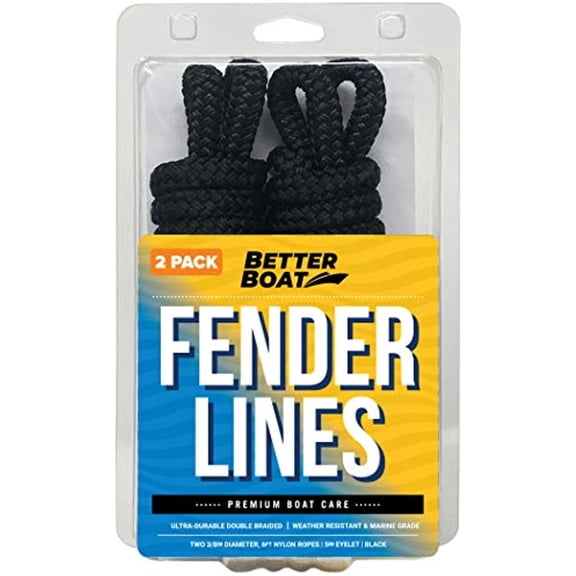 Better Boat Fender Lines for Docking, Jet Ski, Mooring, 6ft Nylon, 3/8 inch with Loop, 2 Pack, Black
