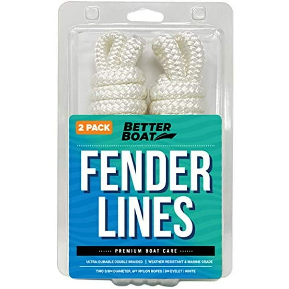Better Boat Fender Lines for Docking, Jet Ski, Mooring, 6ft Nylon, 3/8 inch with Loop, 2 Pack, White