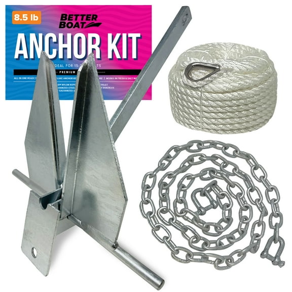 Better Boat Silver Steel 8.5 lbs Fluke Anchor with Chain and Rope Set