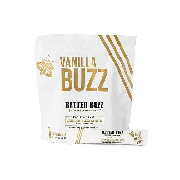 Better Buzz Vanilla Powder Coffee Creamer Shots (Vanilla Buzz) 20ct. Singles Drink Mix, Instant Vanilla Creamer Stick Packs for Vanilla Latte Flavored Coffee Experience