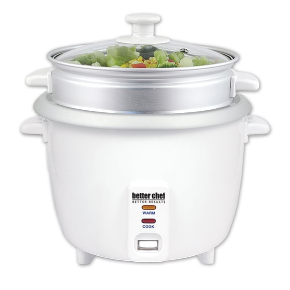Better Chef 10 Cup Rice Cooker with Food Steamer Attachment in White