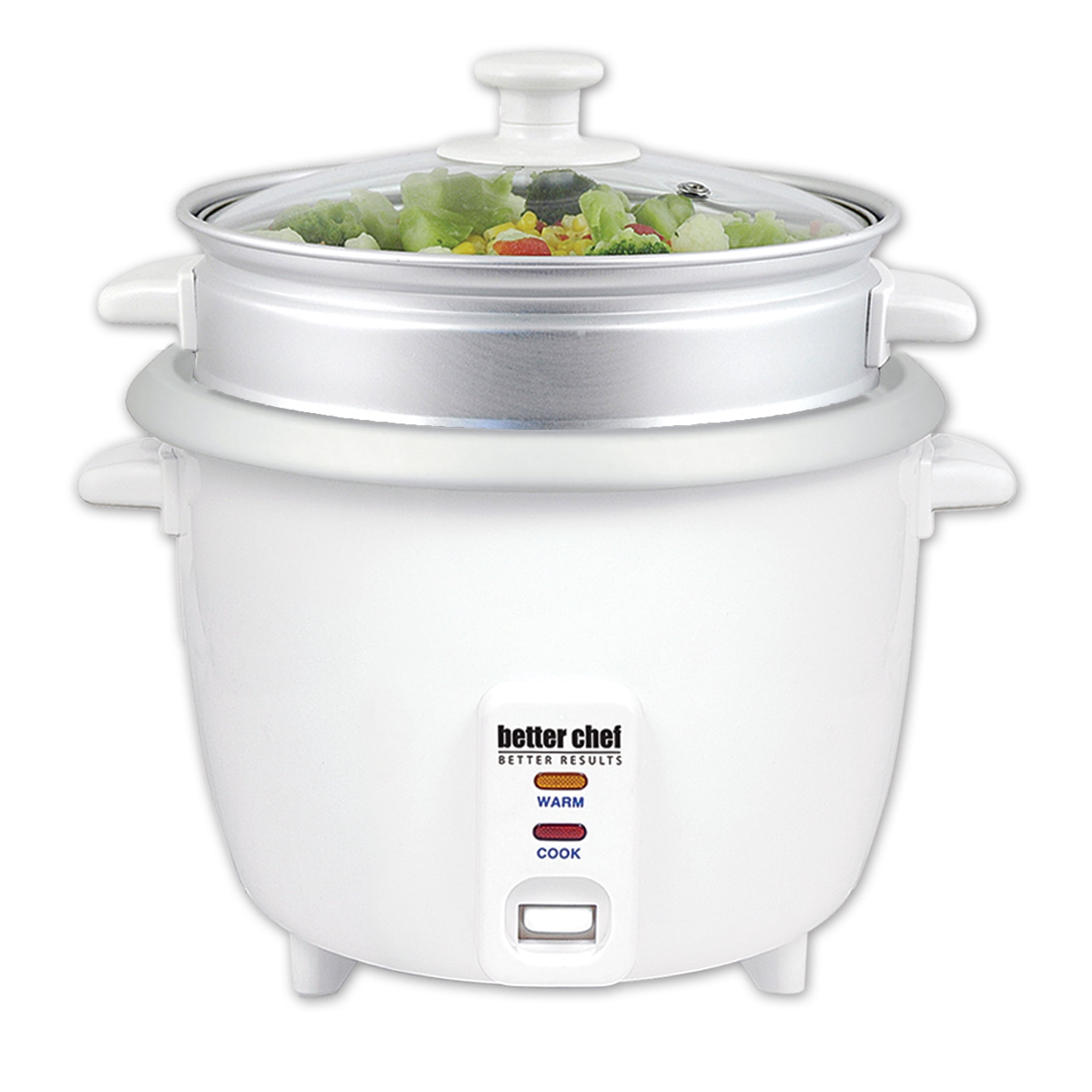 Better Chef 5 Cup Rice Cooker with Food Steamer Attachment in White