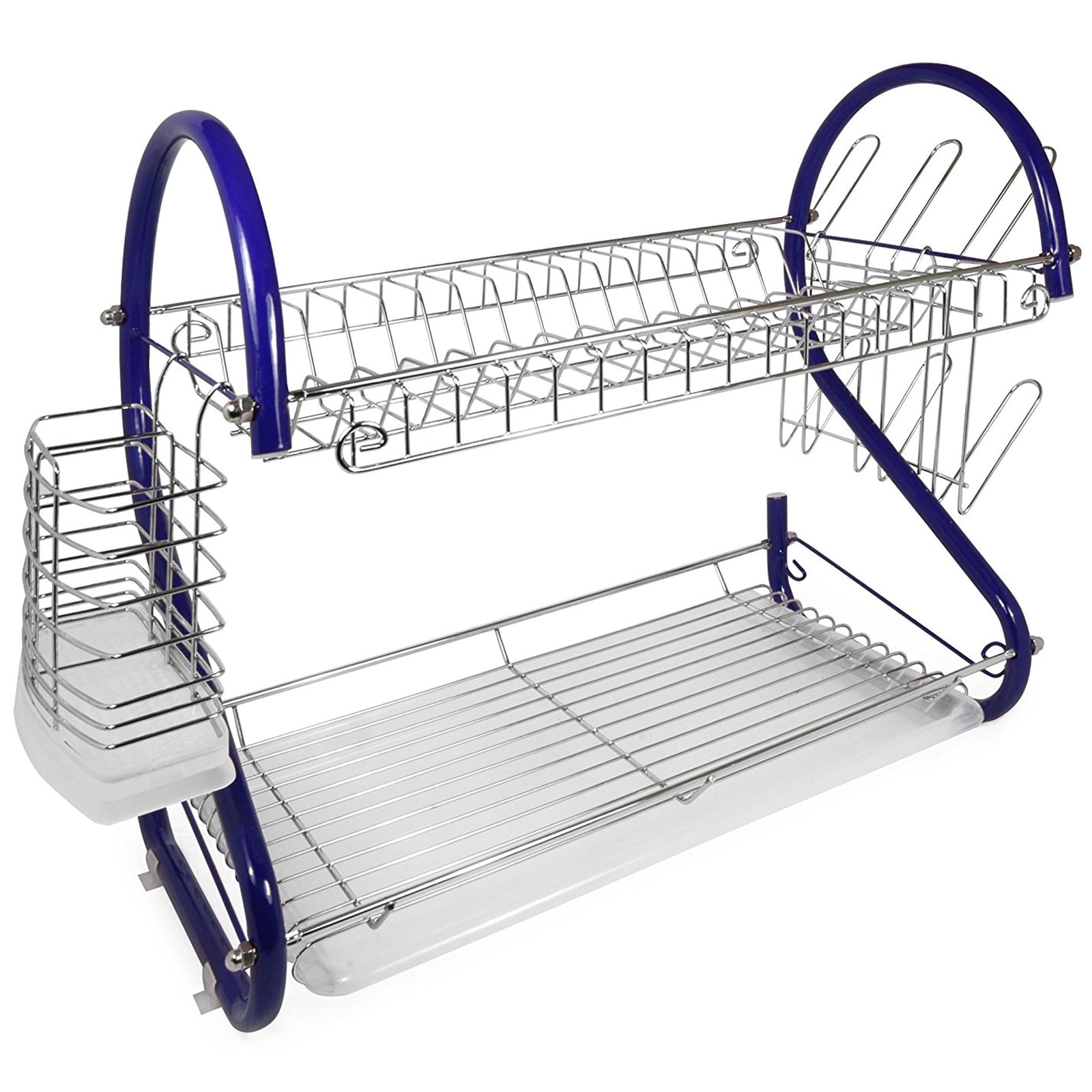 Blue Stainless Steel Two-Tier Dish Rack with Utensil Cup