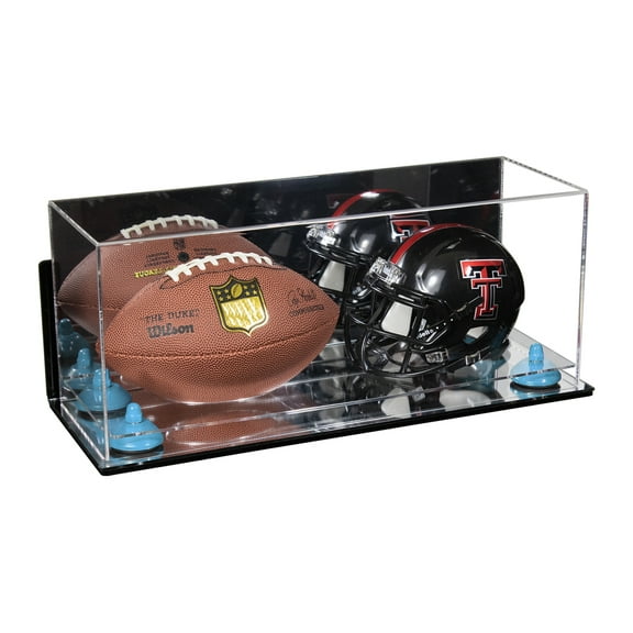 Better Display Cases Acrylic Mini - Miniature (not Full Size) Football and Helmet Display Case with Mirror Case, Light Blue Risers, Wall Mount and Mirror Base (B46/A019)