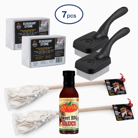 Better Grillin' 7pc Grilling Gift Set: 2 Scrubbing Stones, 2 Handles, 2 Mops, 1 Sauce Bottle Combo