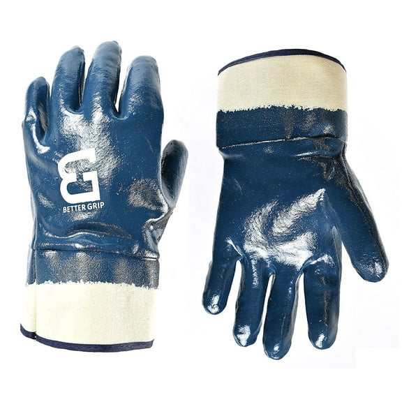 Better Grip BG105NITRILE Heavy Duty Premium Nitrile Rubber Fully Coated Gloves with Safety Cuffs, Smooth, Blue, Chemical Resistant, Large - 1 Case (72 pairs)