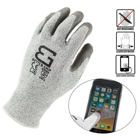 Better Grip BGCRPU Level 5 Cut Resistant Shell PU Coating Work Gloves | Work For Smart Phone, Text, Call, (Pack of 3, Small, White Gray)