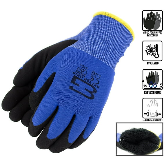Better Grip Winter Insulated Double Lining Rubber Coated Work Gloves, 3 pairs/pack, Blue/Medium