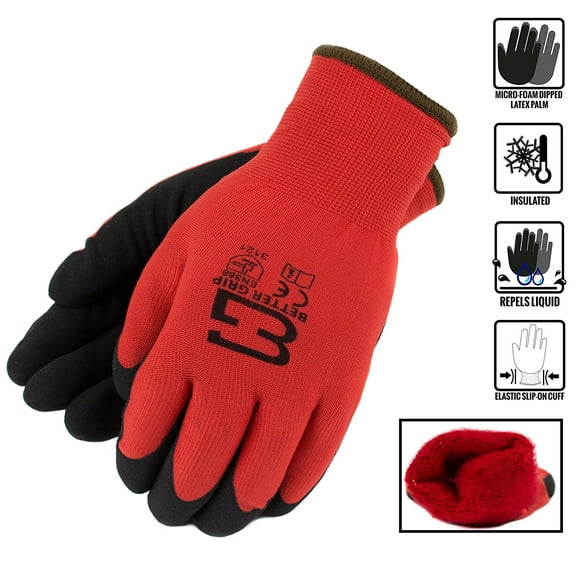 Better Grip Winter Insulated Double Lining Rubber Coated Work Gloves, 3 pairs/pack, Red / Medium