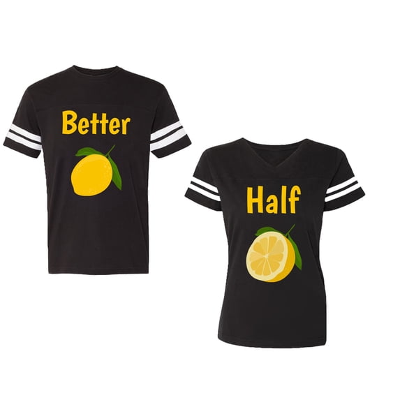 Better Half Unisex Couple Matching Cotton Jersey style T-Shirt Contrasting stripes on sleeves (Men Black / Women Black) (Men M / Women L)