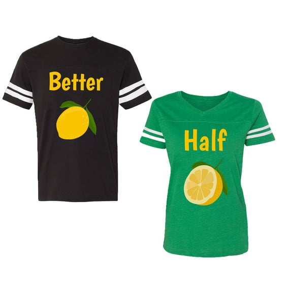 Better Half Unisex Couple Matching Cotton Jersey style T-Shirt Contrasting stripes on sleeves (Men Black / Women Green) (Men L / Women XL)