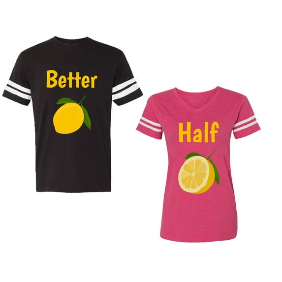 Better Half Unisex Couple Matching Cotton Jersey style T-Shirt Contrasting stripes on sleeves (Men Black / Women Pink) (Men M / Women M)