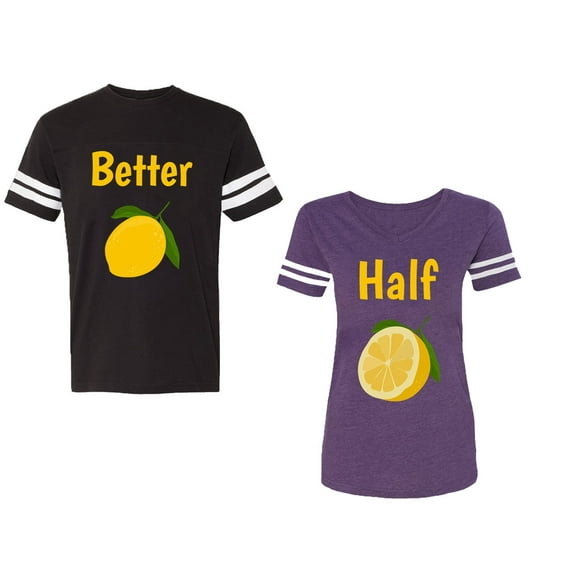 Better Half Unisex Couple Matching Cotton Jersey style T-Shirt Contrasting stripes on sleeves (Men Black / Women Purple) (Men XL / Women L)