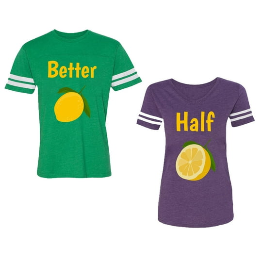 Better Half Unisex Couple Matching Cotton Jersey style T-Shirt Contrasting stripes on sleeves (Men Green / Women Purple) (Men XL / Women XL)