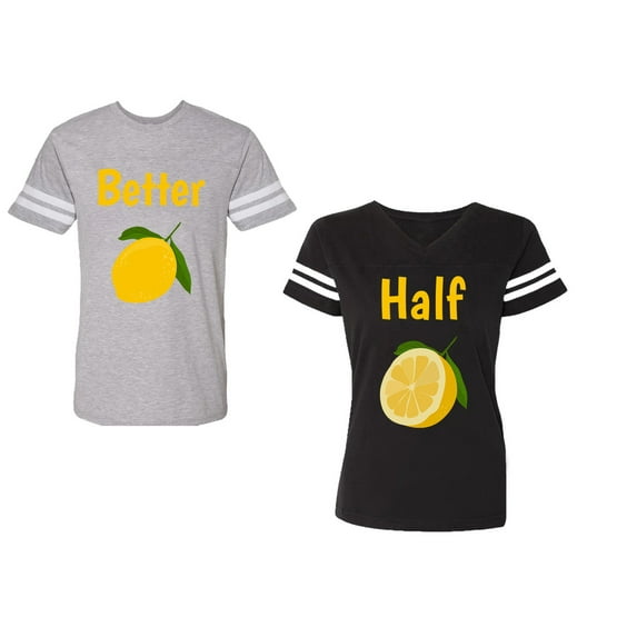 Better Half Unisex Couple Matching Cotton Jersey style T-Shirt Contrasting stripes on sleeves (Men Heather / Women Black) (Men S / Women S)