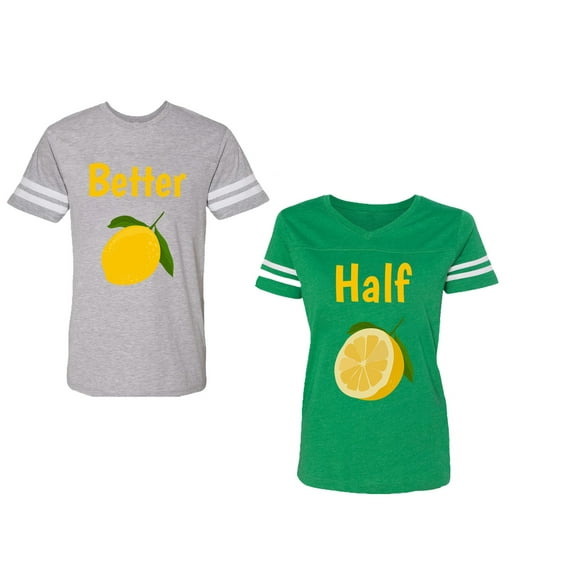 Better Half Unisex Couple Matching Cotton Jersey style T-Shirt Contrasting stripes on sleeves (Men Heather / Women Green) (Men M / Women M)