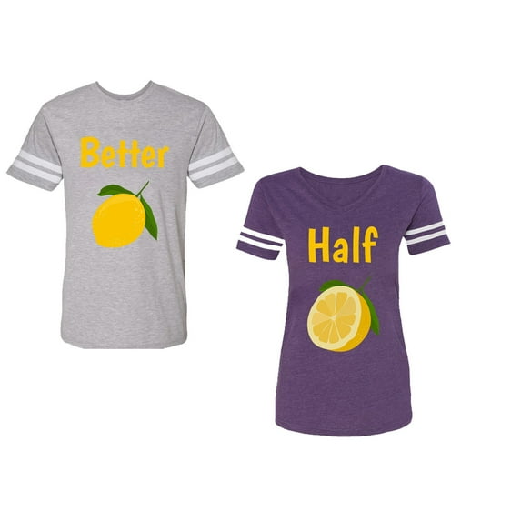 Better Half Unisex Couple Matching Cotton Jersey style T-Shirt Contrasting stripes on sleeves (Men Heather / Women Purple) (Men S / Women M)
