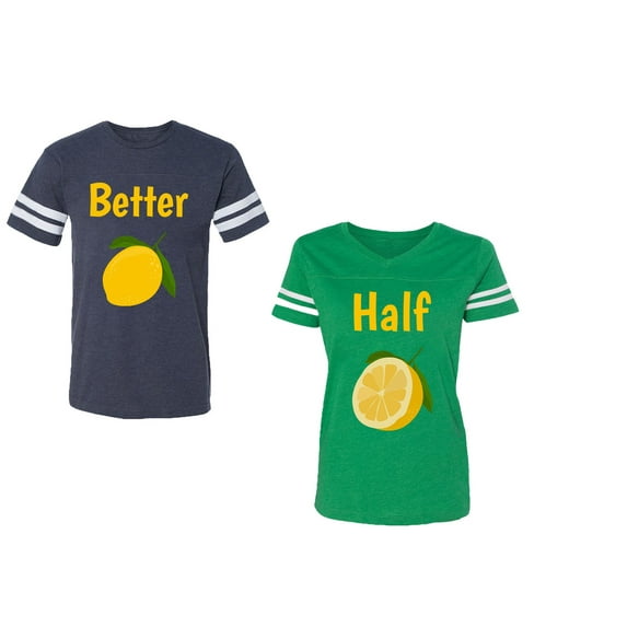 Better Half Unisex Couple Matching Cotton Jersey style T-Shirt Contrasting stripes on sleeves (Men Navy / Women Green) (Men M / Women L)