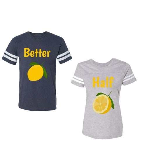 Better Half Unisex Couple Matching Cotton Jersey style T-Shirt Contrasting stripes on sleeves (Men Navy / Women Heather) (Men S / Women XL)