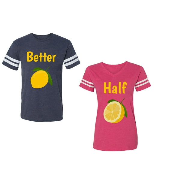 Better Half Unisex Couple Matching Cotton Jersey style T-Shirt Contrasting stripes on sleeves (Men Navy / Women Pink) (Men XL / Women XXL)