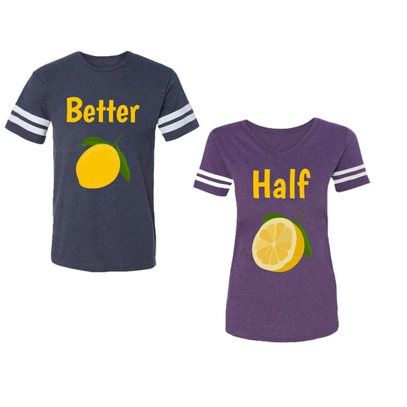 Better Half Unisex Couple Matching Cotton Jersey style T-Shirt Contrasting stripes on sleeves (Men Navy / Women Purple) (Men M / Women M)