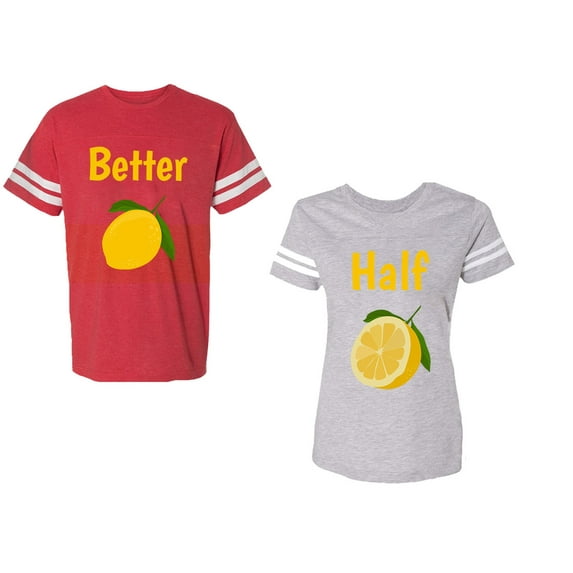 Better Half Unisex Couple Matching Cotton Jersey style T-Shirt Contrasting stripes on sleeves (Men Red / Women Heather) (Men M / Women XL)
