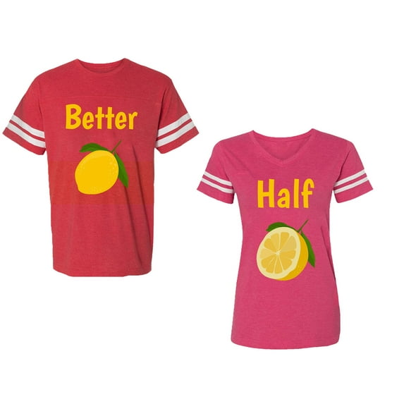 Better Half Unisex Couple Matching Cotton Jersey style T-Shirt Contrasting stripes on sleeves (Men Red / Women Pink) (Men XL / Women L)
