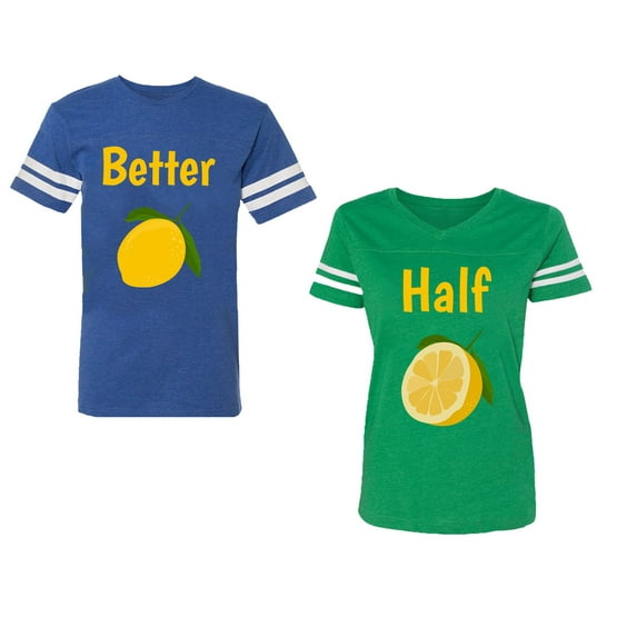 Better Half Unisex Couple Matching Cotton Jersey style T-Shirt Contrasting stripes on sleeves (Men Royal / Women Green) (Men XL / Women S)