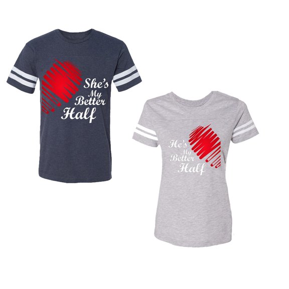 He she is My Better Half Unisex Couple Matching Cotton Jersey style T-Shirt Contrasting stripes on sleeves (Men Navy / Women Heather) (Men M / Women XL)