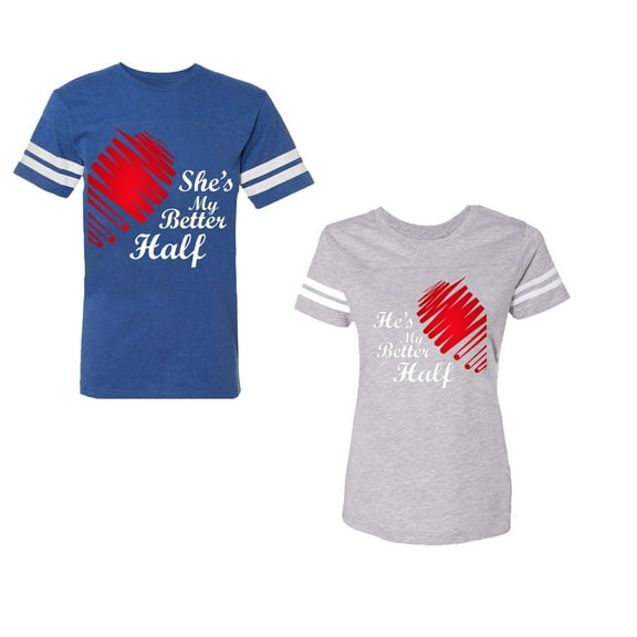 He she is My Better Half Unisex Couple Matching Cotton Jersey style T-Shirt Contrasting stripes on sleeves (Men Royal / Women Heather) (Men M / Women XXL)