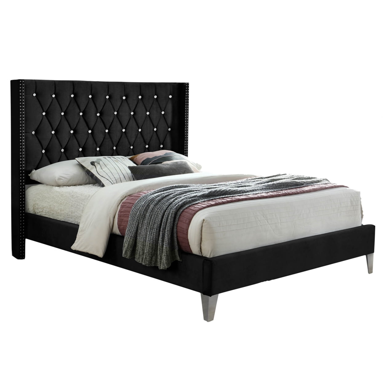 Alexa Velvet Full Platform Bed with Nailhead Trim in Black