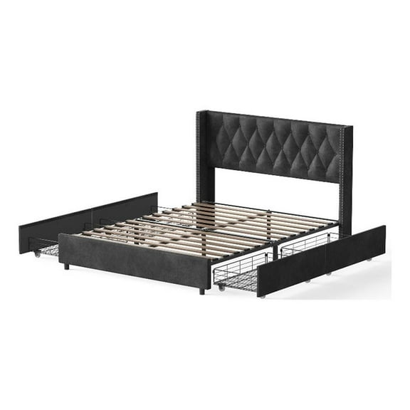 Better Home Products Amelia 4-Drawer Velvet Full Size Platform Bed in Black
