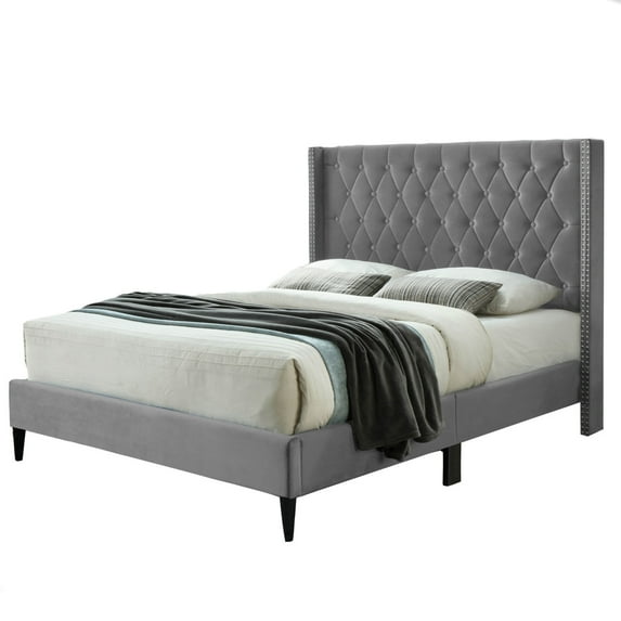Better Home Products Amelia Velvet Tufted Full Platform Bed in Gray