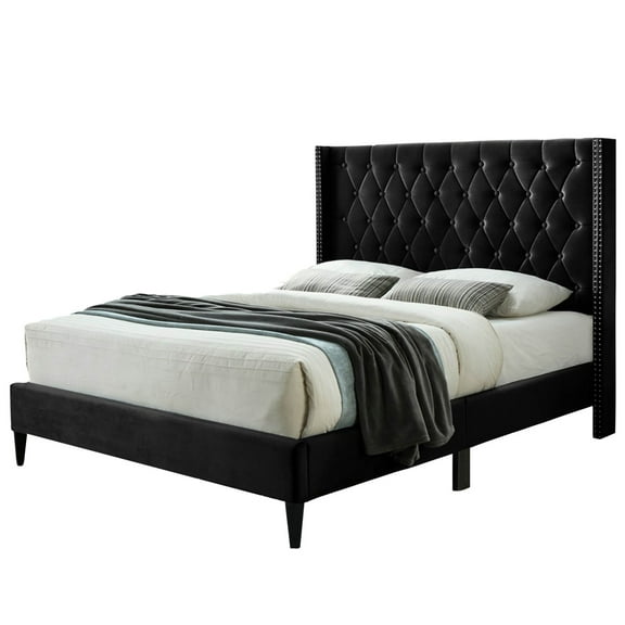 Better Home Products Amelia Velvet Tufted Queen Bed with Easy Assembly & Sturdy Construction, Black