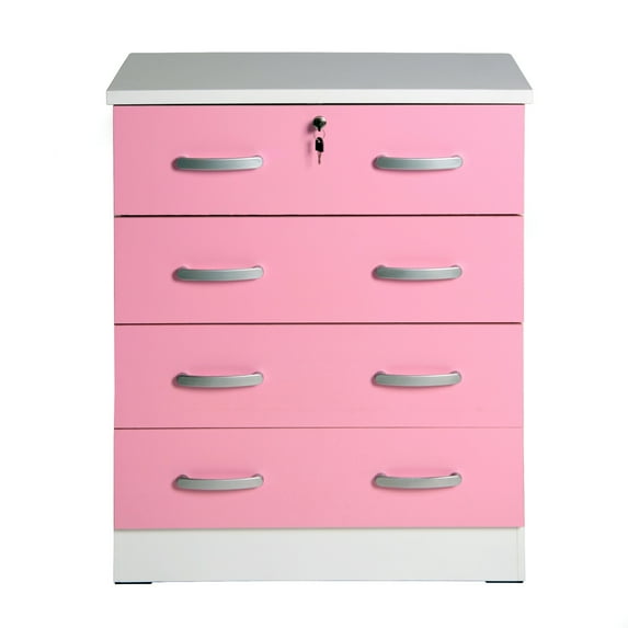 Better Home Products Cindy 4 Drawer Chest Wooden Dresser with Lock White & Pink