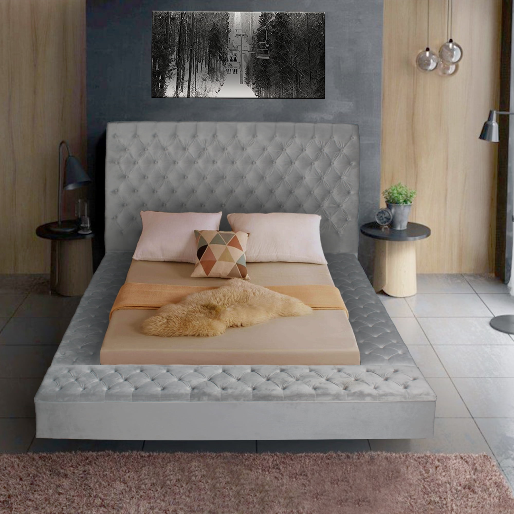 Better Home Products Cosmopolitan Velvet Upholstered Platform Queen Bed in Gray