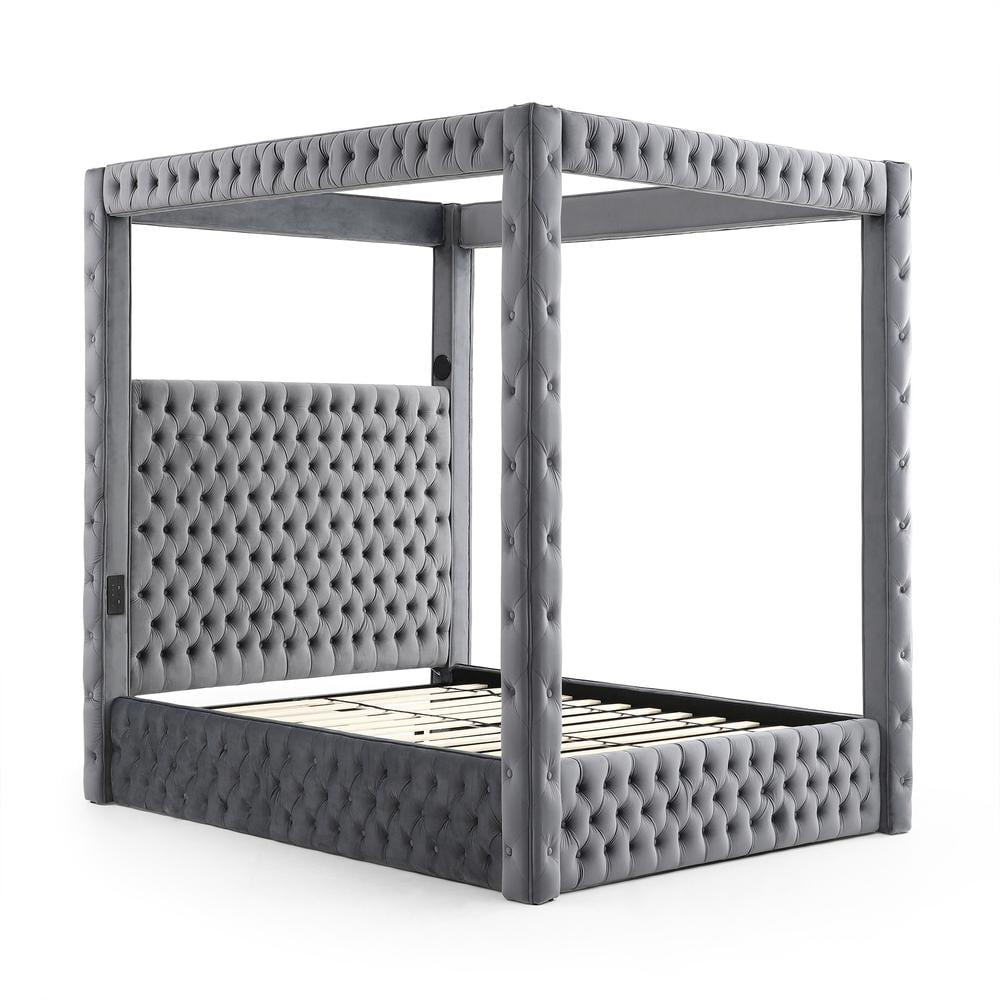 King Size Gray Velvet Canopy Bed with Speakers and USB