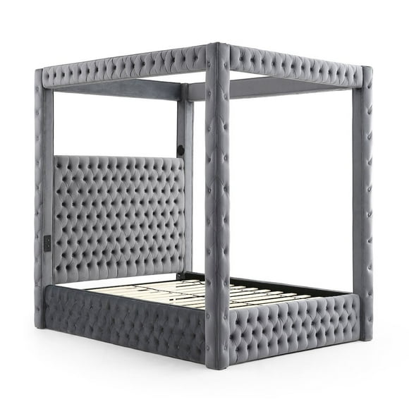 Woodpecker's Inc Luxurious Velvet Canopy Queen Bed with Speaker and USB Connection in Gray